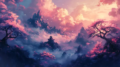 Luminous sakura valley with misted peaks and distant pagoda