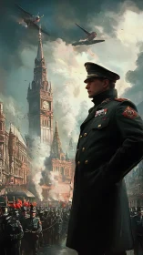 Officer dominating wartime parade amid stormy skyline.