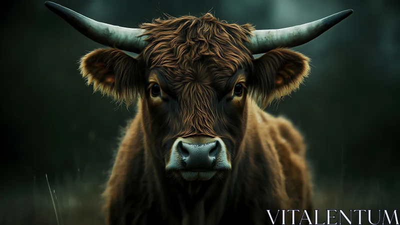 Long-horned highland cow portrait in moody dusk light.