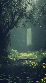 Rain-soaked ruin gateway illuminates verdant marsh flora