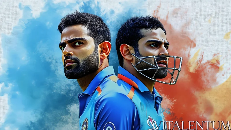 Dual-view digital portrait of cricket player in blue kit.