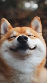 Content Shiba inu smiles softly in a warm, dreamy close up