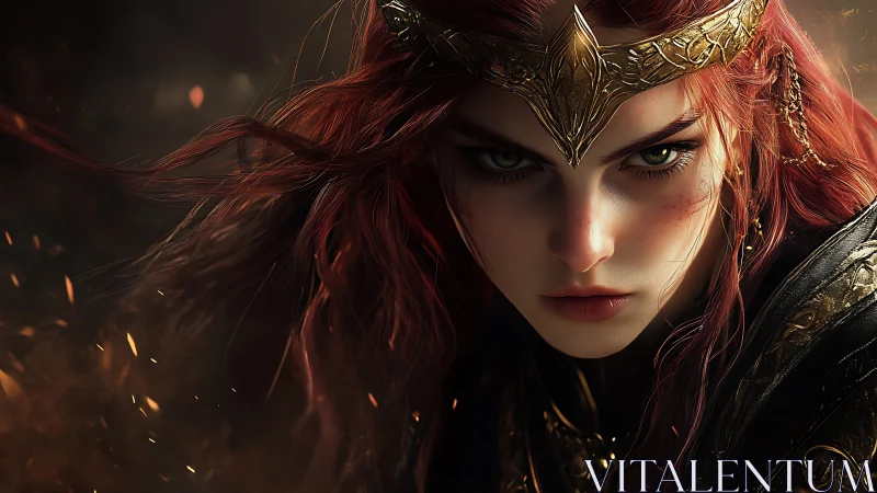 Warrior queen with red hair stares forward amid glowing embers