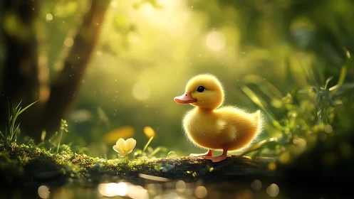 Backlit duckling rendered in soft-focus woodland bokeh lighting