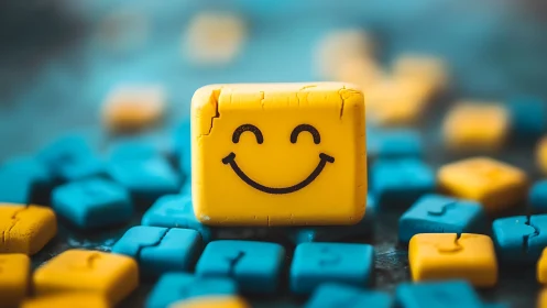 Cheerful yellow smiley block brightening a playful crowd.