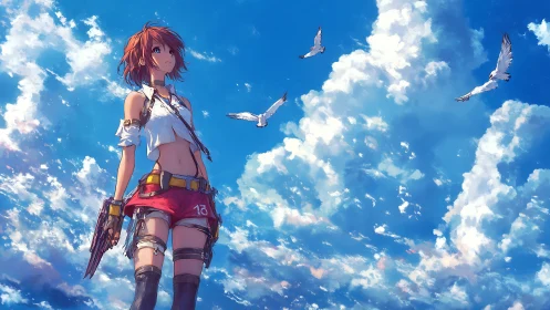 Wind-swept anime heroine stands beneath expansive cumulus sky