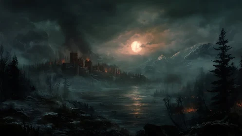 Moonlit fortress smolders beside a haunted mirror-lake