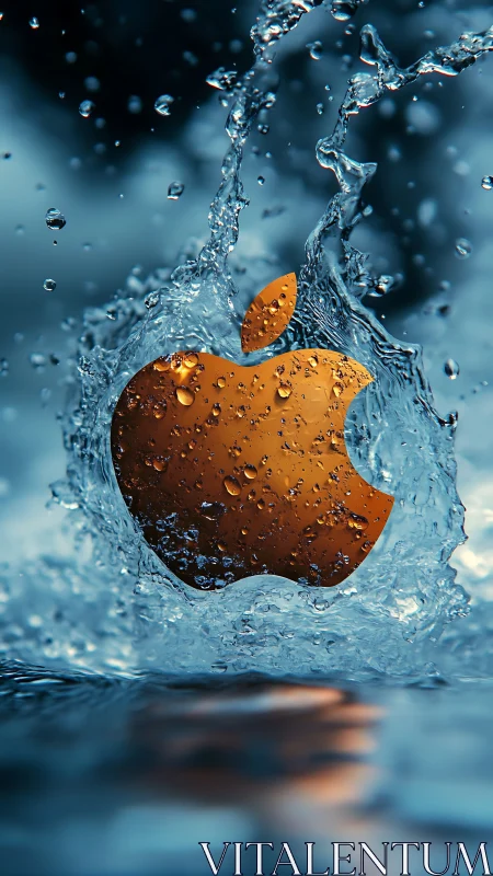 Golden apple icon suspended in dynamic high-speed water splash