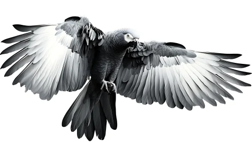 Majestic grayscale parrot in flight, digital illustration style.