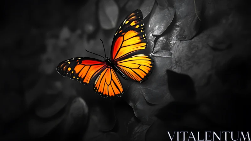 Luminous monarch butterfly poised over monochrome foliage.