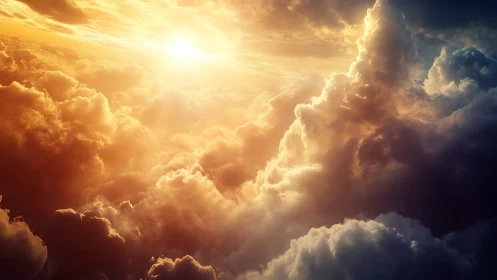 Radiant sunset illuminates towering clouds with golden light