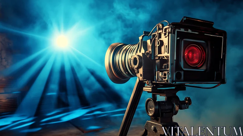 Cinematic studio video camera with red lens under blue haze.