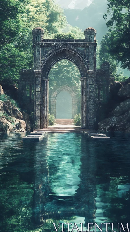 Ancient stone archway over emerald water in misty forest.