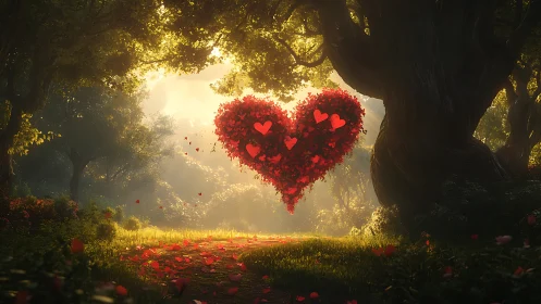 Heart-shaped formation made from red particles in misty forest clearing