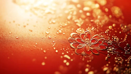 Golden floral relief on radiant red metallic surface.