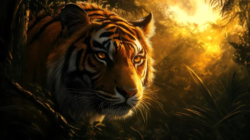 Backlit tiger emerging from jungle canopy in cinematic chiaroscuro