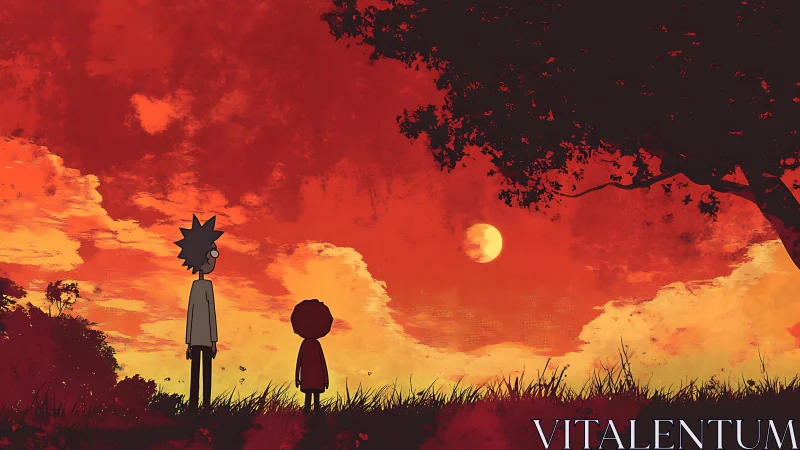 Chromatic twilight field with silhouetted duo under scarlet sky.