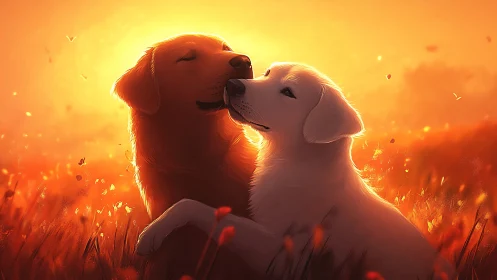 Two Golden Retrievers Embracing in Sunset Field