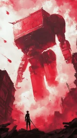 Giant quadruped mech advances through a ruined urban street