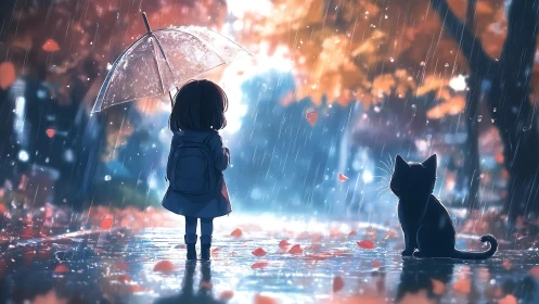 Child with umbrella observes cat on wet autumn street in rain