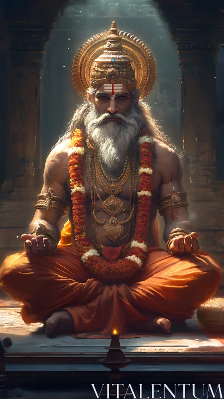 Regal sage in orange robes seated in a glowing temple hall.