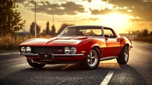 Sunlit red classic muscle car waits calmly on an open road