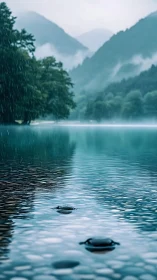 Rain-kissed mountain lake whispering in turquoise hush.