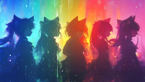Chromatic cat-eared silhouettes crossing a nebula dusk.
