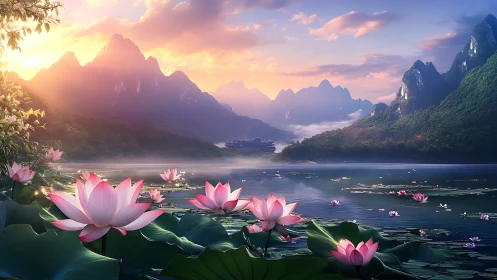Lotus lake with distant mountains under low sunrise light.