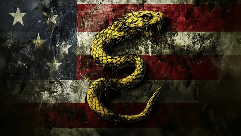 Coiled golden serpent scars a weathered, battleworn flag