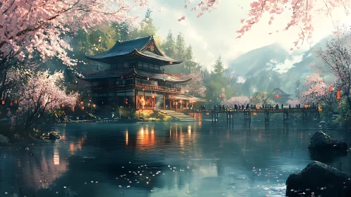 Cherry blossom dusk over tranquil lakeside temple haven.