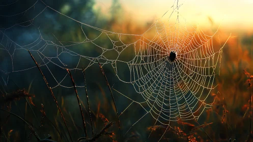 Dew-covered spider web with spider at sunrise in nature scene.