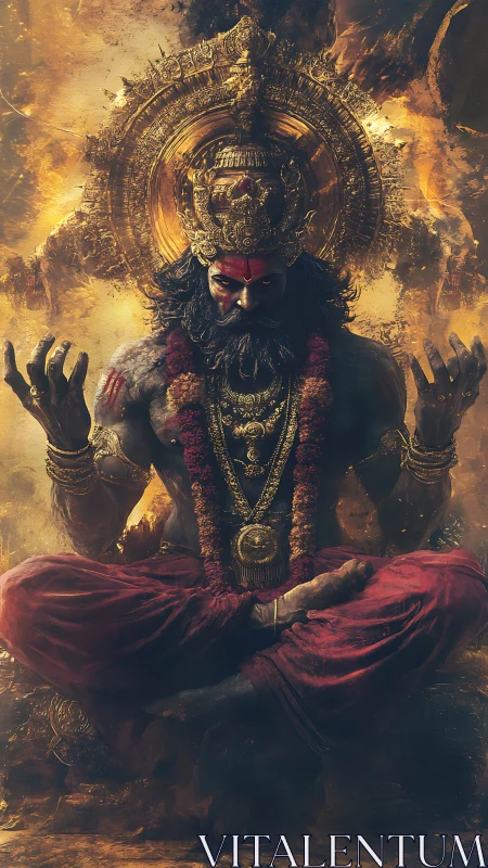 Digital painting of fiery seated deity with baroque aureole.