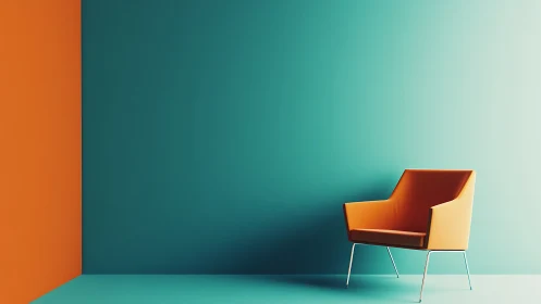 Geometric orange armchair contrasts teal gradient wall and floor