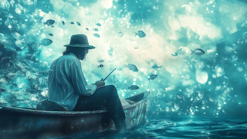 Solitary fisherman drifts through a luminous underwater dreamscape