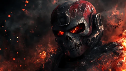 Inferno-eyed war mech smiles through a cracked metal skull