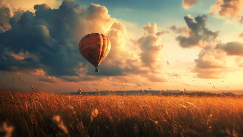 Sunlit balloon drifting above a golden whispering meadow.