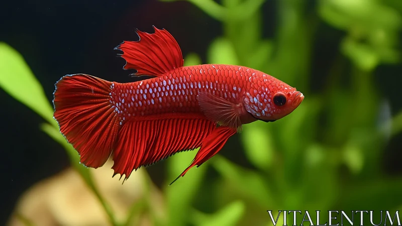 Red betta fish with iridescent scales in lush green tank.