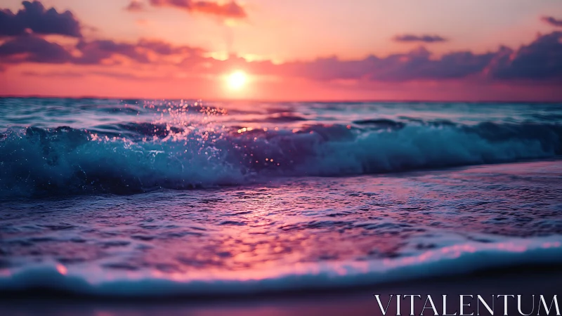 Low-angle ocean wave in vivid magenta cyan sunset backlight.