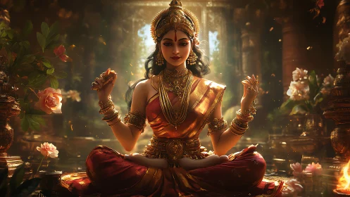 Seated female deity figure holds mudras in ornate temple