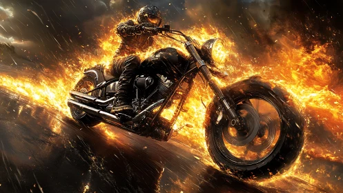 Flaming street racer surging through stormlit inferno night.