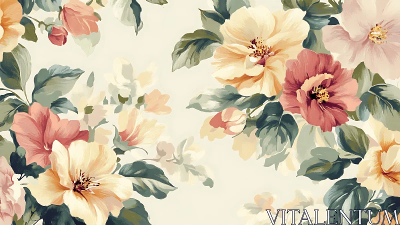 Classical Floral Composition: Layered Botanical Arrangement in Soft Palette.