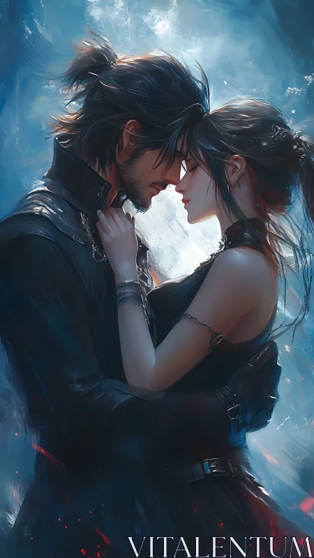 Intimate Moment Between Two Figures in Dark Attire.