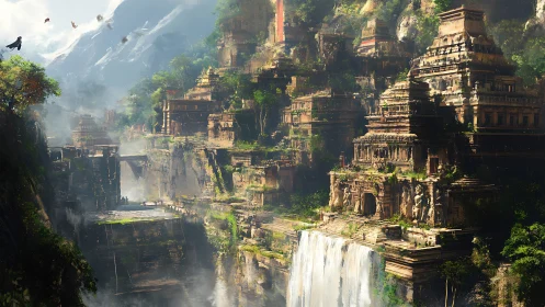 Ancient cliffside temple city above waterfalls in jungle.