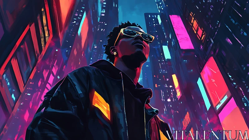 Neon-lit urban portrait under towering cyber cityscape.