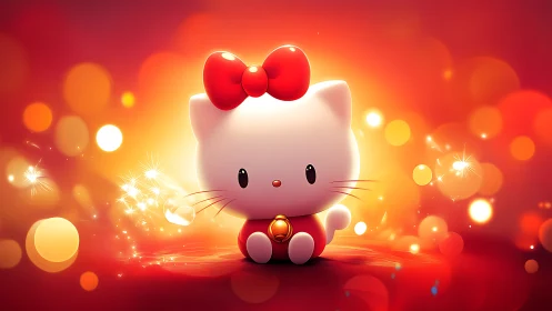 Cute white chibi cat mascot in glowing red bokeh field.