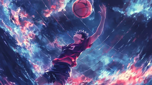 Dynamic anime basketball leap under luminous sky netting.