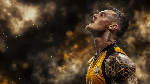 Athlete in yellow jersey rendered with high contrast bokeh dust field