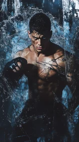 Stormforged fighter breaking through ice and shadowed water.