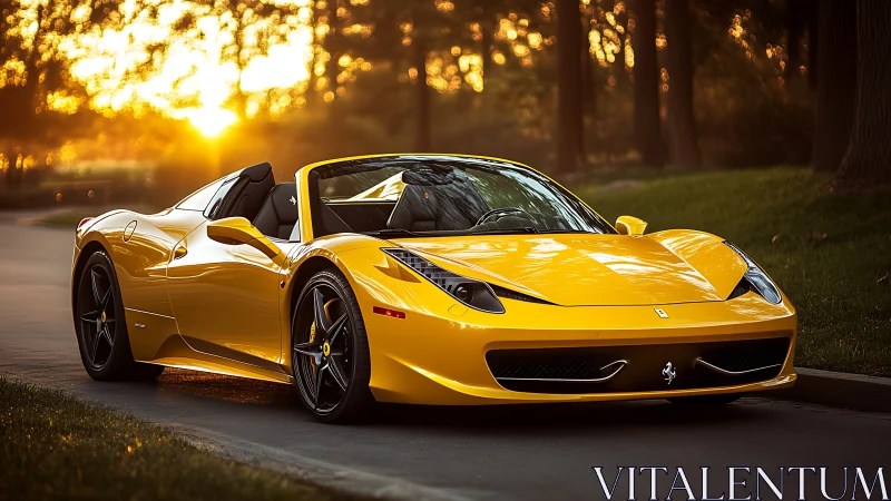 Yellow mid-engine convertible sports car at golden hour on road